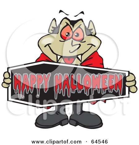 Royalty-Free (RF) Clipart Illustration of a Vampire Holding A Happy Halloween Coffin Sign by Dennis Holmes Designs