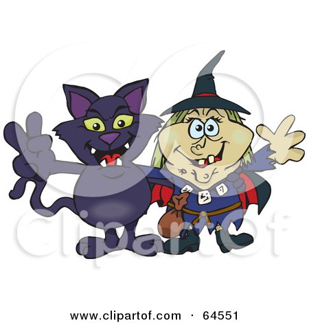 Royalty-Free (RF) Clipart Illustration of a Black Cat And Witch Gesturing Peace Signs by Dennis Holmes Designs