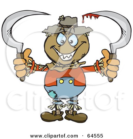 Royalty-Free (RF) Clipart Illustration of a Creepy Scarecrow Holding Bloody Scythes by Dennis Holmes Designs