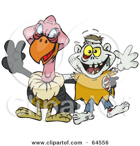 Royalty-Free (RF) Clipart Illustration of a Vulture And Zombie Gesturing Peace Signs by Dennis Holmes Designs