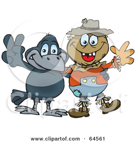 Royalty-Free (RF) Clipart Illustration of a Crow And Scarecrow Gesturing Peace Signs by Dennis Holmes Designs