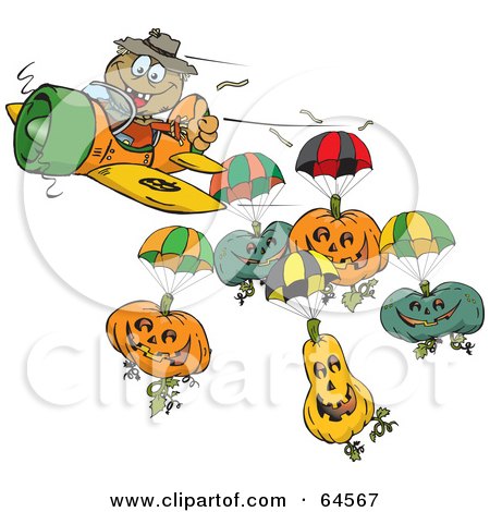 Royalty-Free (RF) Clipart Illustration of a Scarecrow With Parachuting Pumpkins by Dennis Holmes Designs