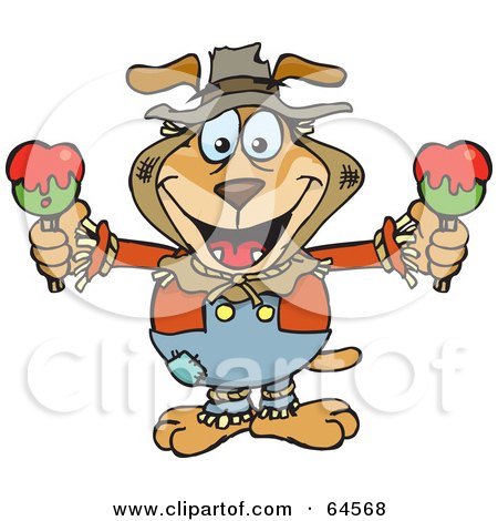 Royalty-Free (RF) Clipart Illustration of a Sparkey Dog Scarecrow Holding Candy Apples by Dennis Holmes Designs