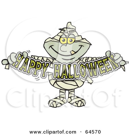 Royalty-Free (RF) Clipart Illustration of a Mummy Holding A Happy Halloween Sign by Dennis Holmes Designs