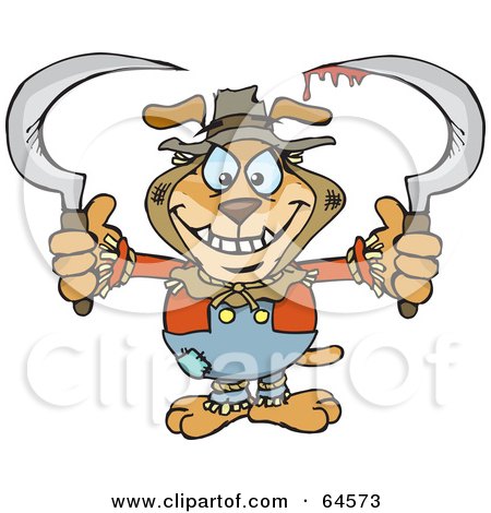 Royalty-Free (RF) Clipart Illustration of a Creepy Sparkey Dog Scarecrow Holding Bloody Scythes by Dennis Holmes Designs