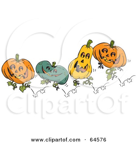 Royalty-Free (RF) Clipart Illustration of Four Jumping Jack O Lantern Pumpkins by Dennis Holmes Designs