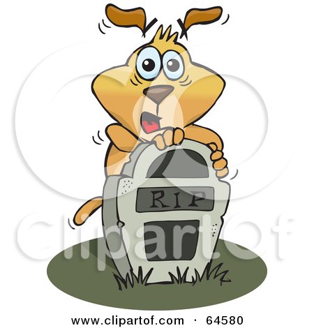 Royalty-Free (RF) Clipart Illustration of a Scared Sparkey Dog Behind A Tombstone by Dennis Holmes Designs