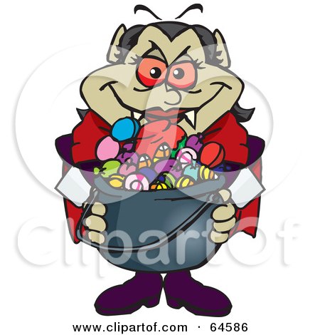 Royalty-Free (RF) Clipart Illustration of a Trick Or Treating Vampiress Holding A Cauldron Full Of Halloween Candy by Dennis Holmes Designs
