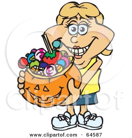 Royalty-Free (RF) Clipart Illustration of a Trick Or Treating Woman Holding A Pumpkin Basket Full Of Halloween Candy - Version 5 by Dennis Holmes Designs