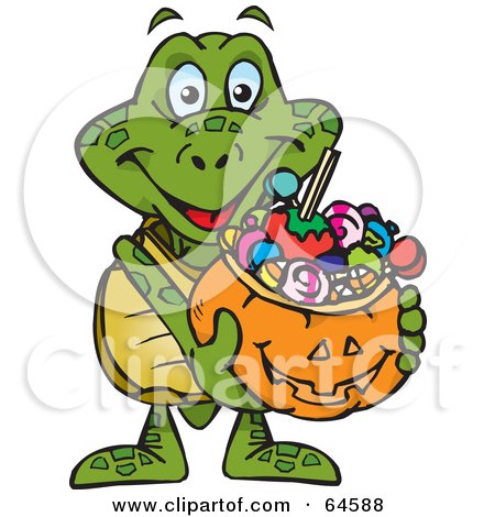 Royalty-Free (RF) Clipart Illustration of a Trick Or Treating Sea Turtle Holding A Pumpkin Basket Full Of Halloween Candy by Dennis Holmes Designs