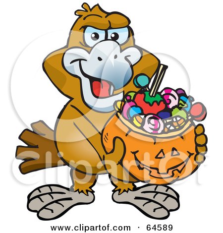 Royalty-Free (RF) Clipart Illustration of a Trick Or Treating Wedgetail Eagle Holding A Pumpkin Basket Full Of Halloween Candy by Dennis Holmes Designs