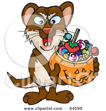 Royalty-Free (RF) Clipart Illustration of a Trick Or Treating Weasel Holding A Pumpkin Basket Full Of Halloween Candy by Dennis Holmes Designs