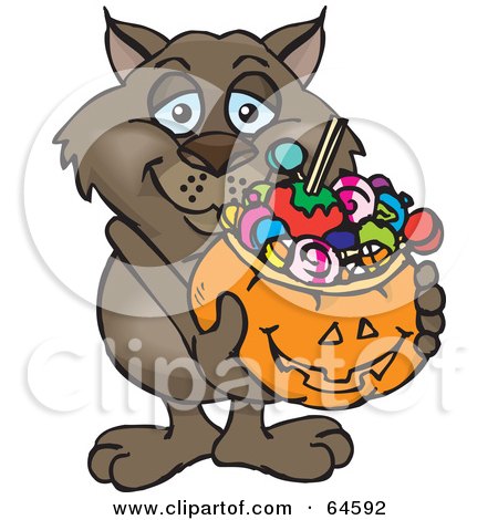 Royalty-Free (RF) Clipart Illustration of a Trick Or Treating Wombat Holding A Pumpkin Basket Full Of Halloween Candy by Dennis Holmes Designs