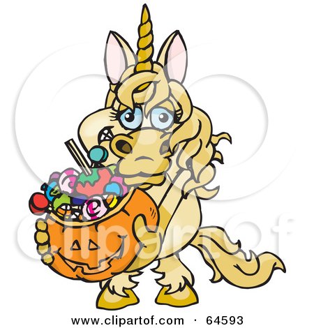 Royalty-Free (RF) Clipart Illustration of a Trick Or Treating Unicorn Holding A Pumpkin Basket Full Of Halloween Candy by Dennis Holmes Designs