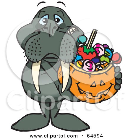 Royalty-Free (RF) Clipart Illustration of a Trick Or Treating Walrus Holding A Pumpkin Basket Full Of Halloween Candy by Dennis Holmes Designs