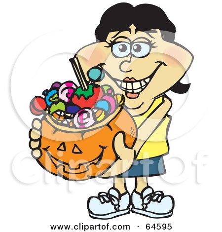 Royalty-Free (RF) Clipart Illustration of a Trick Or Treating Woman Holding A Pumpkin Basket Full Of Halloween Candy - Version 7 by Dennis Holmes Designs