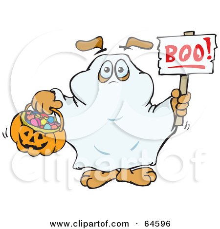 Royalty-Free (RF) Clipart Illustration of a Sparkey Dog Trick Or Treating As A Ghost by Dennis Holmes Designs