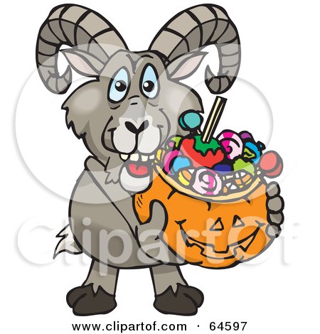 Royalty-Free (RF) Clipart Illustration of a Trick Or Treating Wild Sheep Holding A Pumpkin Basket Full Of Halloween Candy by Dennis Holmes Designs