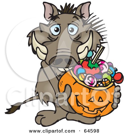 Royalty-Free (RF) Clipart Illustration of a Trick Or Treating Warthog Holding A Pumpkin Basket Full Of Halloween Candy by Dennis Holmes Designs