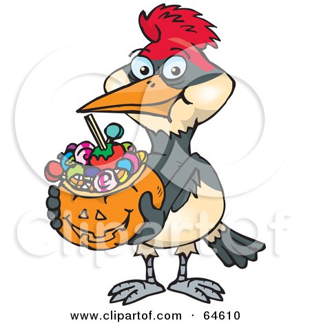 Royalty-Free (RF) Clipart Illustration of a Trick Or Treating Woodpecker Holding A Pumpkin Basket Full Of Halloween Candy by Dennis Holmes Designs