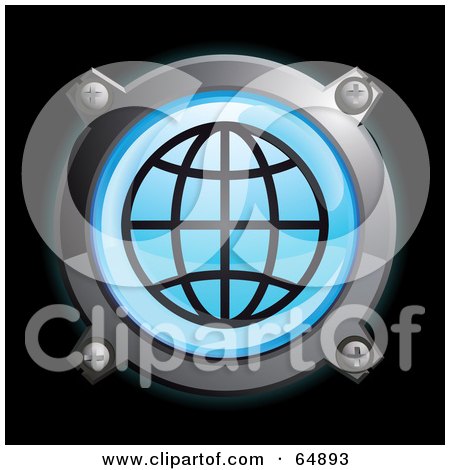 Royalty-Free (RF) Clipart Illustration of a Blue Wire Globe Button With Chrome Edges by Frog974