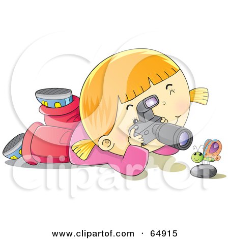 Royalty-Free (RF) Clipart Illustration of a Happy Blond Girl Photographing A Butterfly Over A Rock by YUHAIZAN YUNUS