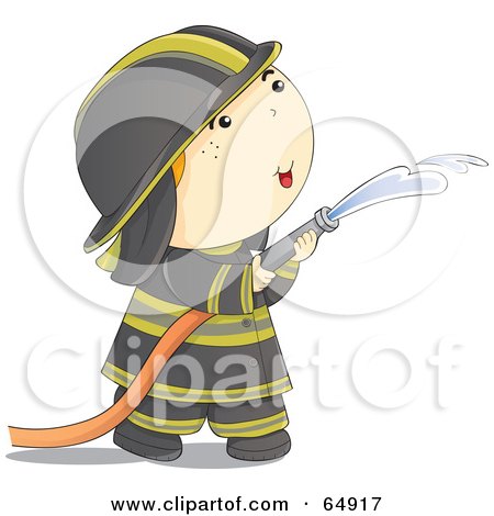 Royalty-Free (RF) Clipart Illustration of a Fireman In A Black Uniform, Spraying Down A Fire With A Water Hose by YUHAIZAN YUNUS