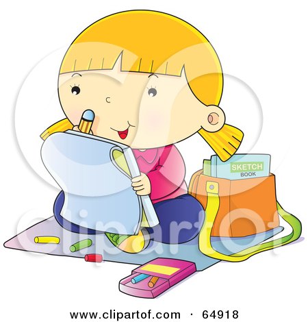 Royalty-Free (RF) Clipart Illustration of a Happy Little Girl Sitting On The Floor And Coloring by YUHAIZAN YUNUS