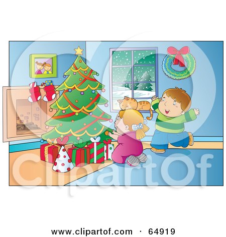 Royalty-Free (RF) Clipart Illustration of an Excited Boy And Girl Ready To Open Their Christmas Presents On A Winter Day by YUHAIZAN YUNUS