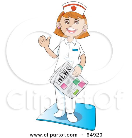 Royalty-Free (RF) Clipart Illustration of a Friendly Hospital Nurse Waving And Standing With A Newspaper by YUHAIZAN YUNUS