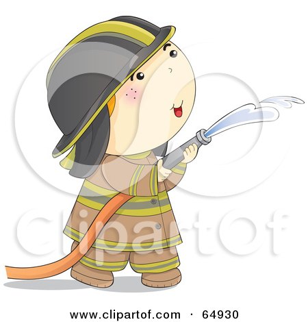 Royalty-Free (RF) Clipart Illustration of a Fireman In A Brown Uniform, Spraying Down A Fire With A Water Hose by YUHAIZAN YUNUS