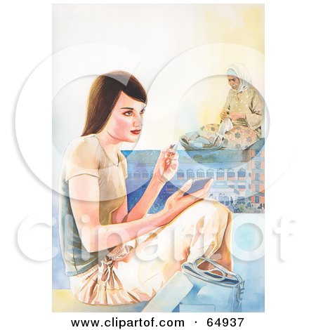 Royalty-Free (RF) Clipart Illustration of a Young Woman Sitting And Using A Handheld Device, Thinking Of A Third World Country by YUHAIZAN YUNUS