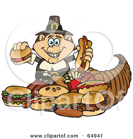 Royalty-Free (RF) Clipart Illustration of a Thanksgiving Pilgrim Man With Fast Food Spilling Form A Cornucopia by Dennis Holmes Designs