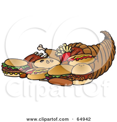 Royalty-Free (RF) Clipart Illustration of a Horn Of Plenty With Meats, Burgers, Fries And Hot Dogs by Dennis Holmes Designs