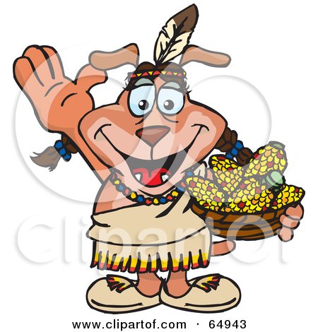 Royalty-Free (RF) Clipart Illustration of a Thanksgiving Native American Sparkey Dog Holding A Bowl Of Corn by Dennis Holmes Designs