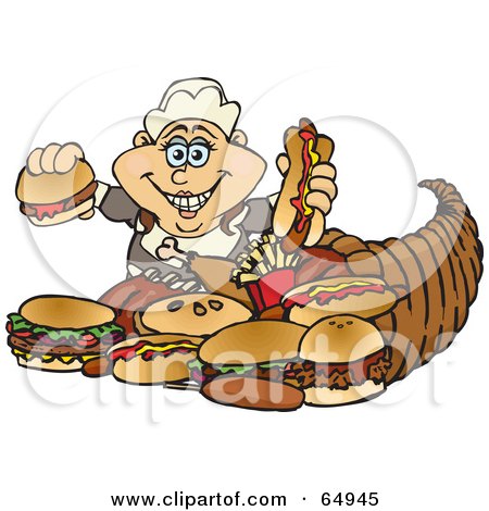 Royalty-Free (RF) Clipart Illustration of a Thanksgiving Pilgrim Woman With Fast Food Spilling Form A Cornucopia by Dennis Holmes Designs