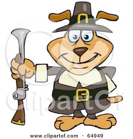 Royalty-Free (RF) Clipart Illustration of a Sparkey Dog Pilgrim Holding A Blunderbuss Out At His Side by Dennis Holmes Designs