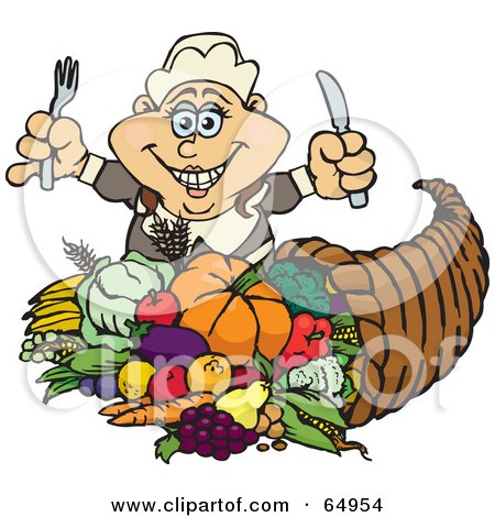 Royalty-Free (RF) Clipart Illustration of a Thanksgiving Pilgrim Woman With Silverware, Standing Over A Cornucopia by Dennis Holmes Designs
