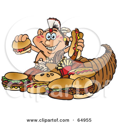 Royalty-Free (RF) Clipart Illustration of a Thanksgiving Native American Man With Fast Food Spilling Form A Cornucopia by Dennis Holmes Designs