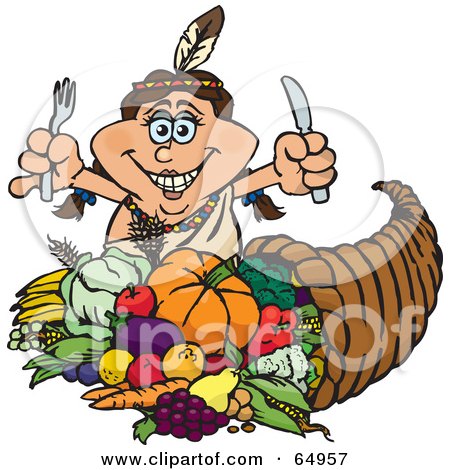 Royalty-Free (RF) Clipart Illustration of a Thanksgiving Native American Woman With Silverware, Standing Over A Cornucopia by Dennis Holmes Designs