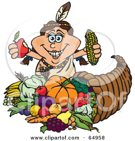 Royalty-Free (RF) Clipart Illustration of a Thanksgiving Native American Woman Holding Corn And An Apple Over A Horn Of Plenty by Dennis Holmes Designs