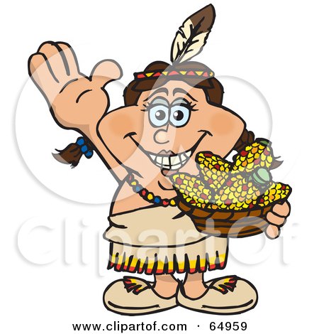 Royalty-Free (RF) Clipart Illustration of a Thanksgiving Native American Woman Holding A Bowl Of Corn by Dennis Holmes Designs