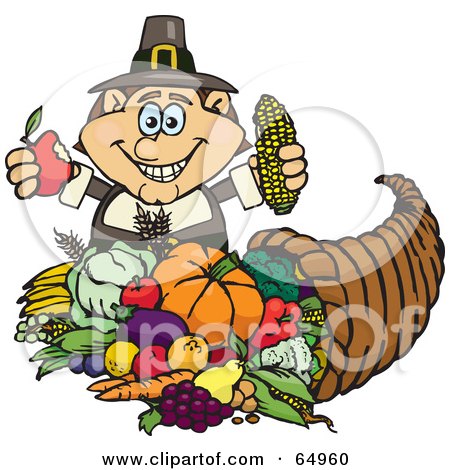 Royalty-Free (RF) Clipart Illustration of a Thanksgiving Pilgrim Man Holding Corn And An Apple Over A Horn Of Plenty by Dennis Holmes Designs