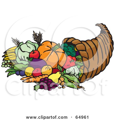 Royalty-Free (RF) Clipart Illustration of a Horn Of Plenty With Harvested Fruits And Veggies by Dennis Holmes Designs