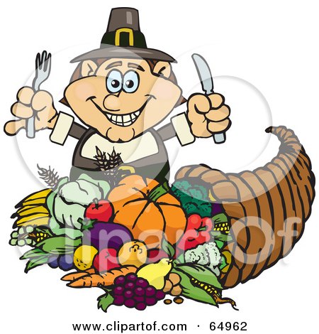 Royalty-Free (RF) Clipart Illustration of a Thanksgiving Pilgrim Man With Silverware, Standing Over A Cornucopia by Dennis Holmes Designs