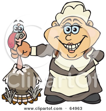 Royalty-Free (RF) Clipart Illustration of a Female Pilgrim Holding A Thanksgiving Turkey Bird By The Neck by Dennis Holmes Designs