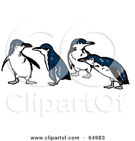 Royalty-Free (RF) Clipart Illustration of a Row Of Four Blue And White Penguins by Dennis Holmes Designs