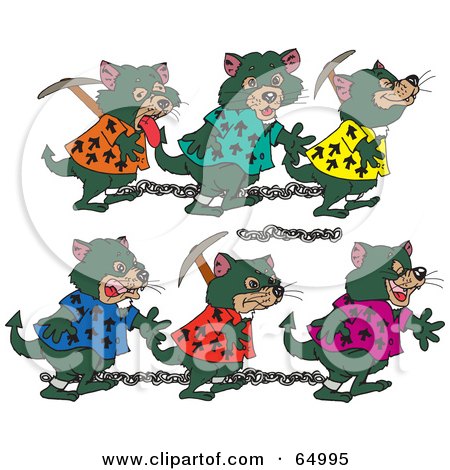 Royalty-Free (RF) Clipart Illustration of Chain Gangs Of Tasmanian Devils In Shackles by Dennis Holmes Designs