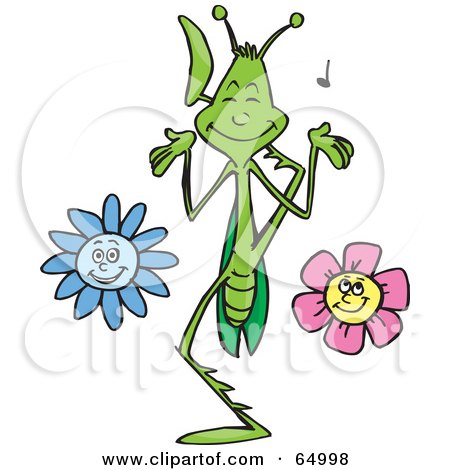Royalty-Free (RF) Clipart Illustration of a Praying Mantis In A Flower Garden, Playing Music With His Legs by Dennis Holmes Designs