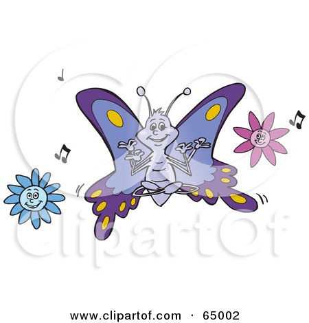 Royalty-Free (RF) Clipart Illustration of a Meditating Butterfly Over Flowers With Music Notes by Dennis Holmes Designs